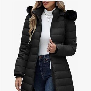 Women's Black Long Puffer Coat with Faux Fur Trim Hood